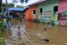 Anak-anak di Desa Sangatta Selatan Berenang Di Permukiman Yang Terendam Banjir